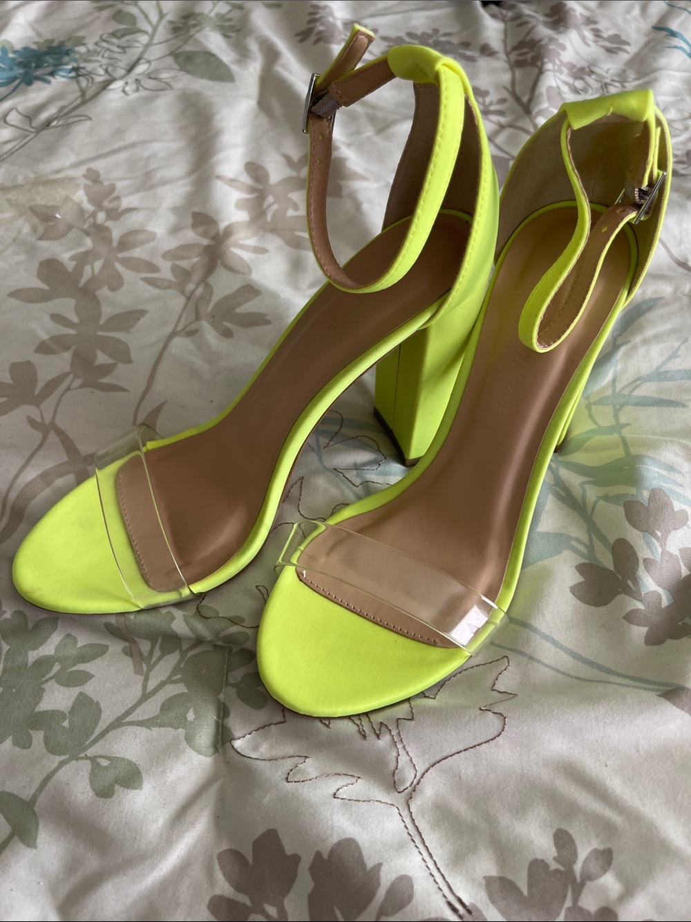 Neon Yellow Ankle-Strap Block Heel Sandals - Women's